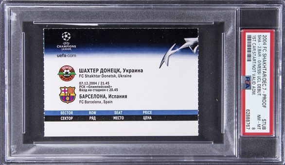 2004 FC Barcelona vs. FC Shakhtar Donetsk Ticket Stub From Lionel Messis First Career Start & Champions League Debut On 12/7/2004 (PSA NM-MT 8)